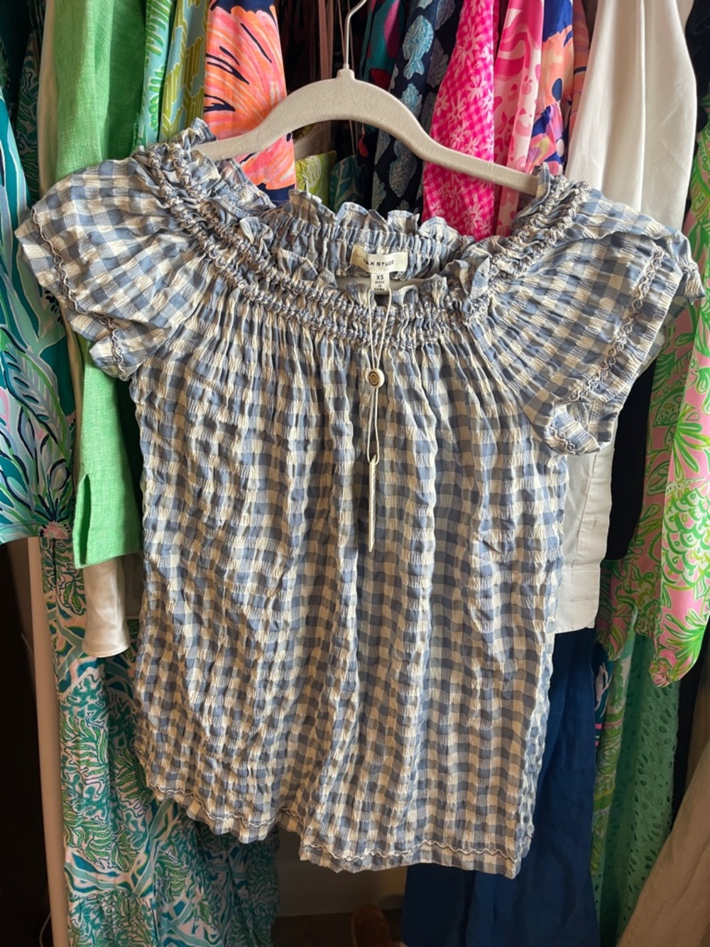 Max Studio Blue + White Babydoll Gingham Smocked Neck Top NWT!